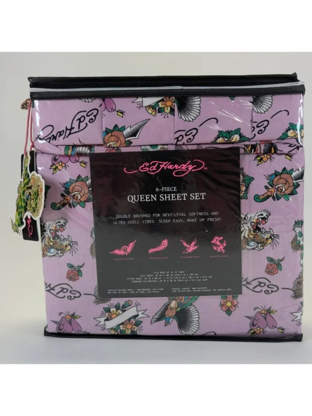 Ed Hardy Queen Sheet Set 6-Piece w 4 Pillowcases Purple Heart Tiger Rose - NEW